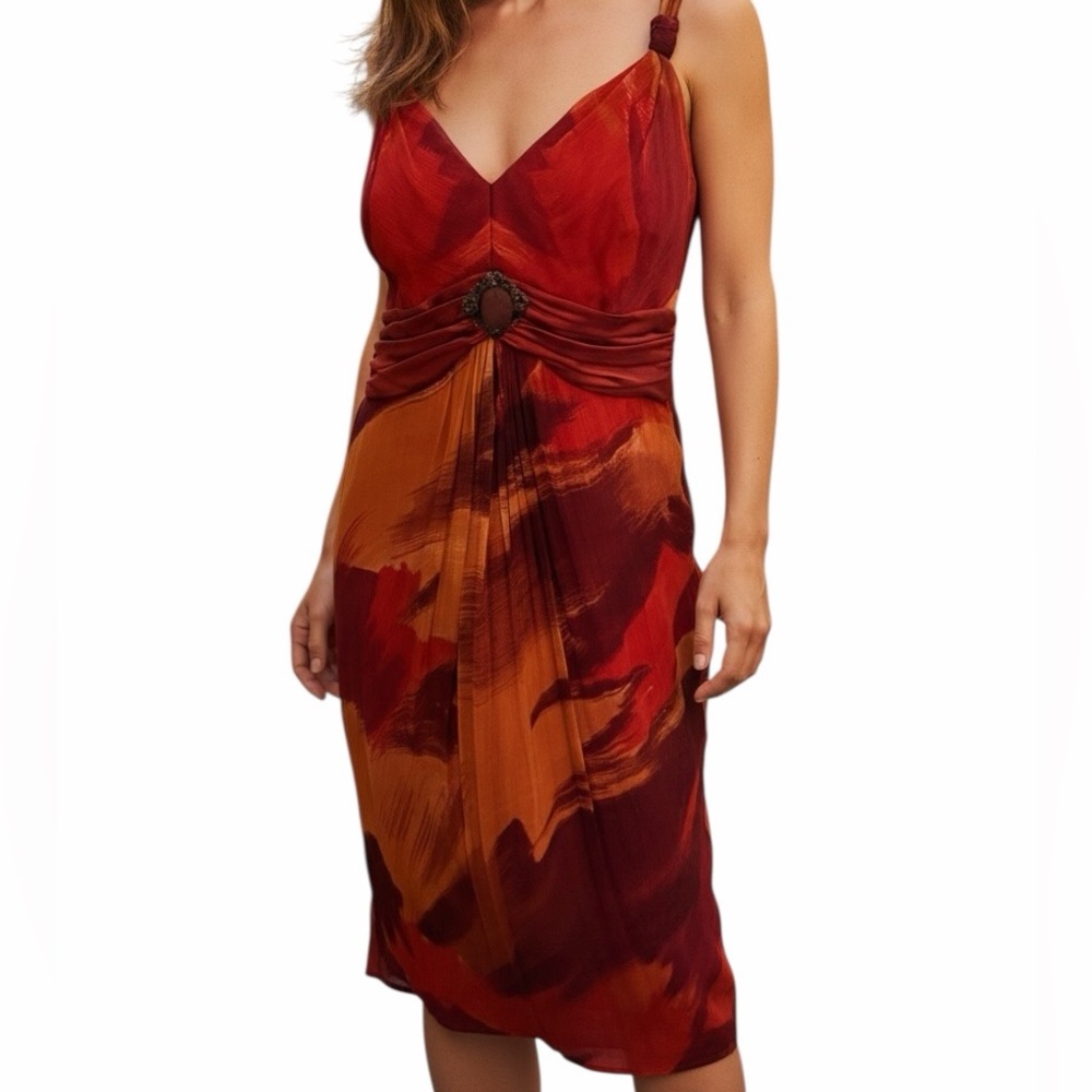 Badgley Mischka Red/Orange Silk Sleeveless Empire Waist Cocktail Dress 8